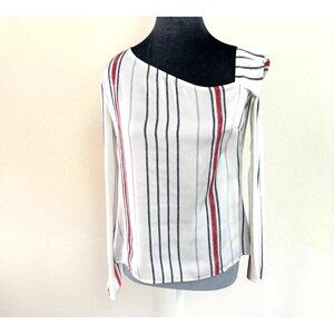 Express Striped Long Sleeve One Shoulder Women’s XS White Blue Red Casual Blouse
